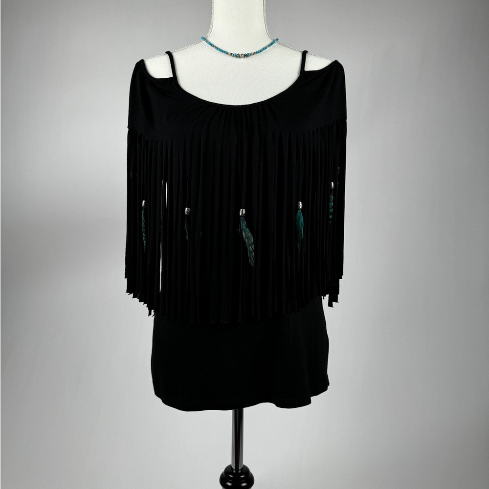 NEW Open Shoulder Fringe Top Black with Beads & Feathers Size M, L